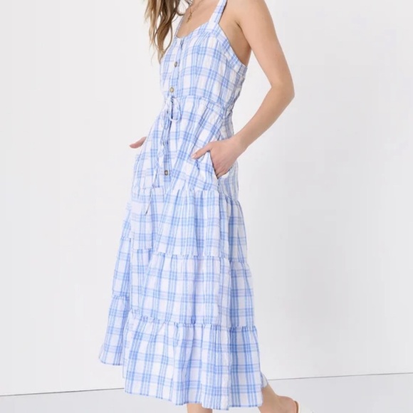 Lulu’s Idyllic Image Blue Plaid burton up mid dress with pockets M - Picture 3 of 12